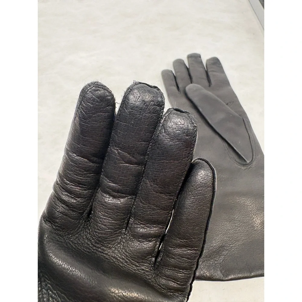 Vintage Black Leather Gloves Mid Length Lined Winter Dress Gloves Small Medium